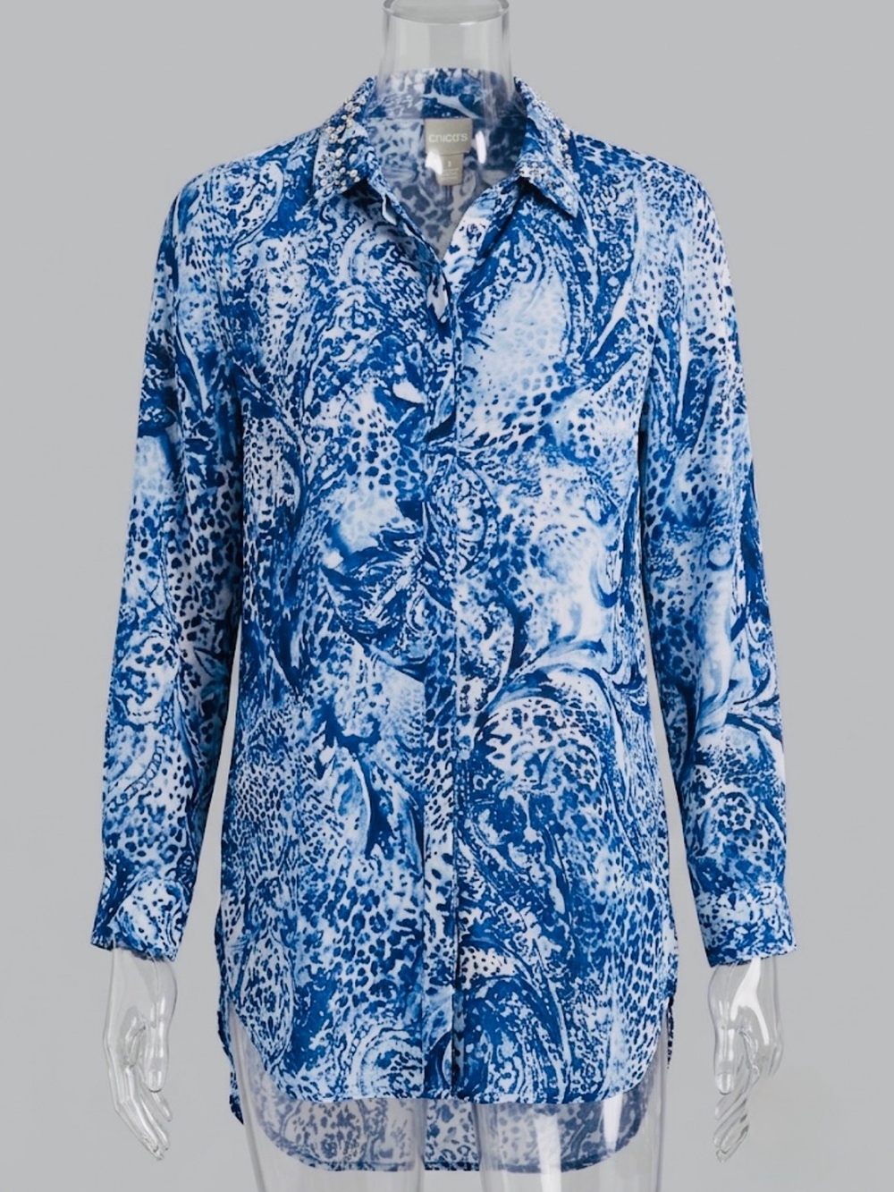 Chico's Blue Abstract Paisley Embellished Studded Collar Button Down Blouse S - Picture 2 of 12